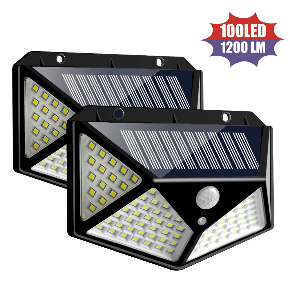 Set of two 100LED solar wall lights with motion sensor and bright 1200 lumens for outdoor use