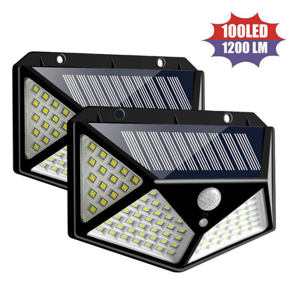 Set of two 100LED solar wall lights with motion sensor and bright 1200 lumens for outdoor use